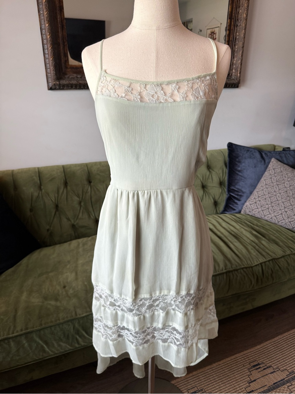 Light Sage Lace-Trim Slip Dress